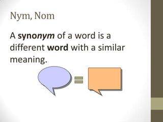Nym, Nom
A synonym of a word is a
different word with a similar
meaning.