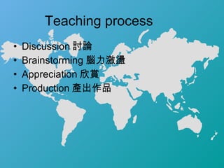 Teaching process Discussion 討論 Brainstorming 腦力激盪 Appreciation 欣賞 Production 產出作品 