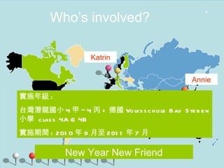 Who’s involved? Annie Katrin 實施年級 :  台灣潛龍國小 4 甲 ~4 丙 + 德國 Volksschule Bad Steben 小學  class 4A & 4B 實施期間 : 2010 年 9 月至 2011 年 7 月 New Year New Friend 