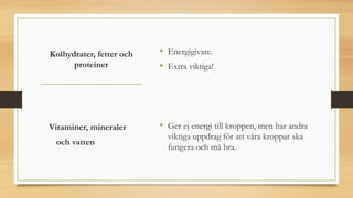 Kolhydrater, fetter och
proteiner
• Energigivare.
• Extra viktiga!
• Ger ej energi till kroppen, men har andra
viktiga uppdrag för att våra kroppar ska
fungera och må bra.
Vitaminer, mineraler
och vatten
 