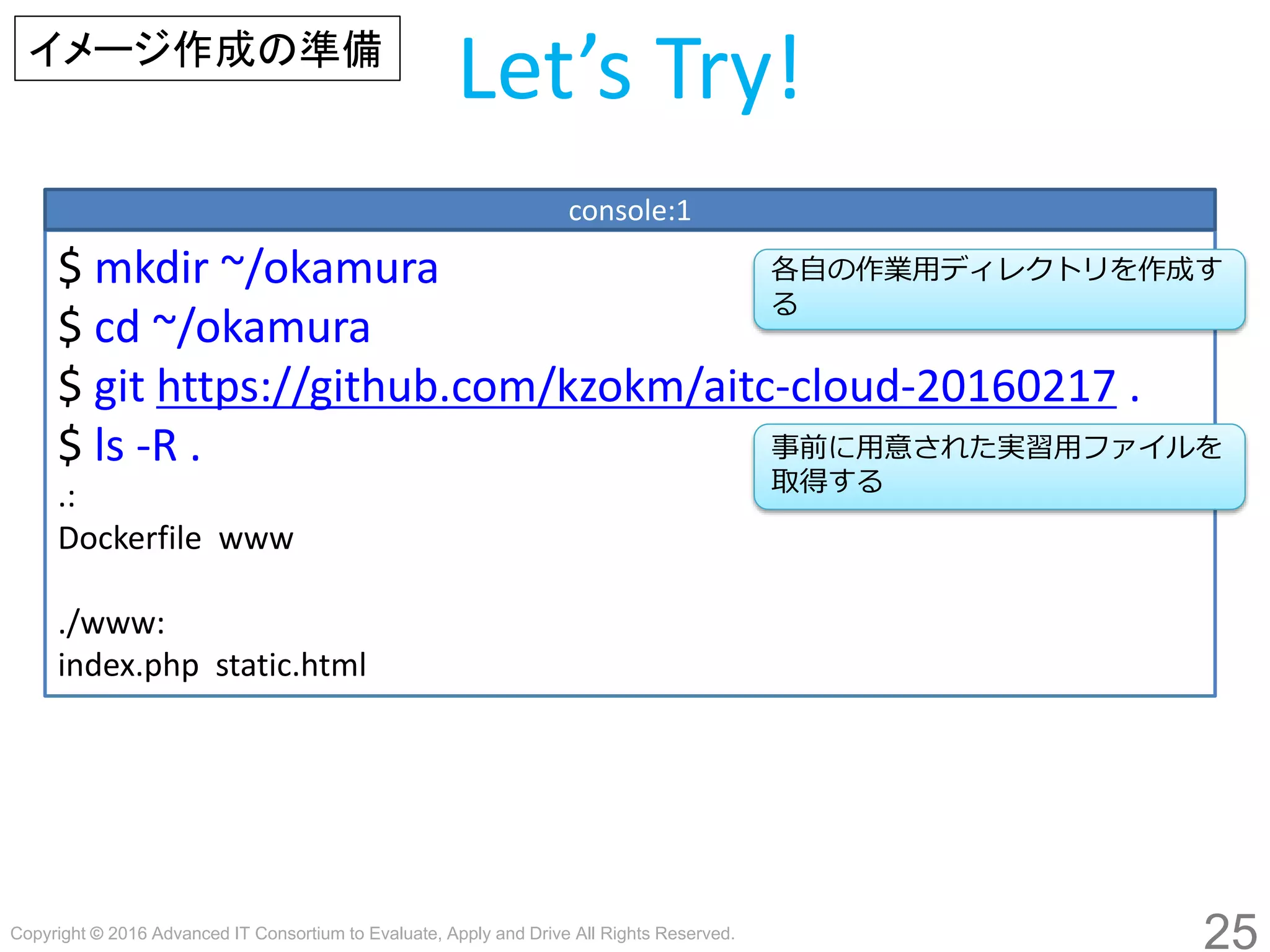 Copyright © 2016 Advanced IT Consortium to Evaluate, Apply and Drive All Rights Reserved.
25
Let’s Try!
$ mkdir ~/hogege
$ cd ~/hogege
$ git clone https://github.com/kzokm/aitc-cloud-
20160217 .
$ ls -R .
.:
Dockerfile www
./www:
index.php static.html
console:1
各自の作業用ディレクトリを作成す
る
イメージ作成の準備
事前に用意された実習用ファイルを
取得する
 