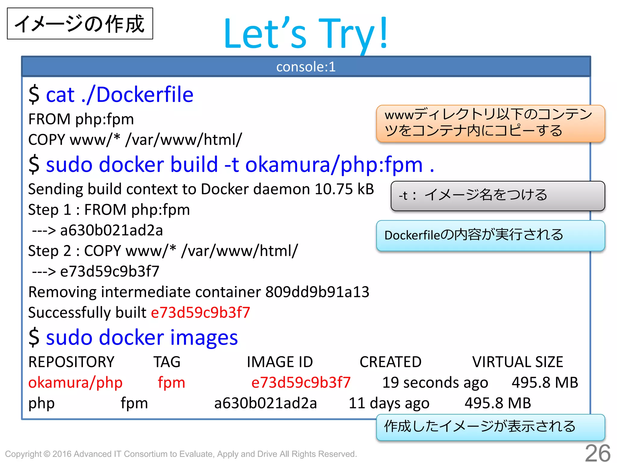 Copyright © 2016 Advanced IT Consortium to Evaluate, Apply and Drive All Rights Reserved.
26
Let’s Try!
$ cat ./Dockerfile
FROM php:fpm
COPY www/* /var/www/html/
$ sudo docker build -t hogege/php:fpm .
Sending build context to Docker daemon 10.75 kB
Step 1 : FROM php:fpm
---> a630b021ad2a
Step 2 : COPY www/* /var/www/html/
---> e73d59c9b3f7
Removing intermediate container 809dd9b91a13
Successfully built e73d59c9b3f7
$ sudo docker images
REPOSITORY TAG IMAGE ID CREATED VIRTUAL SIZE
hogege/php fpm e73d59c9b3f7 19 seconds ago 495.8 MB
php fpm a630b021ad2a 11 days ago 495.8 MB
console:1
wwwディレクトリ以下のコンテン
ツをコンテナ内にコピーする
イメージの作成
-t： イメージ名をつける
Dockerfileの内容が実行される
作成したイメージが表示される
 