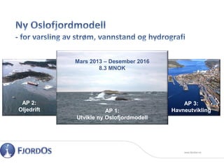 www.fjordos.no
AP 1:
Utvikle ny Oslofjordmodell
AP 2:
Oljedrift
AP 3:
Havneutvikling
Mars 2013 – Desember 2016
8.3 MNOK
 