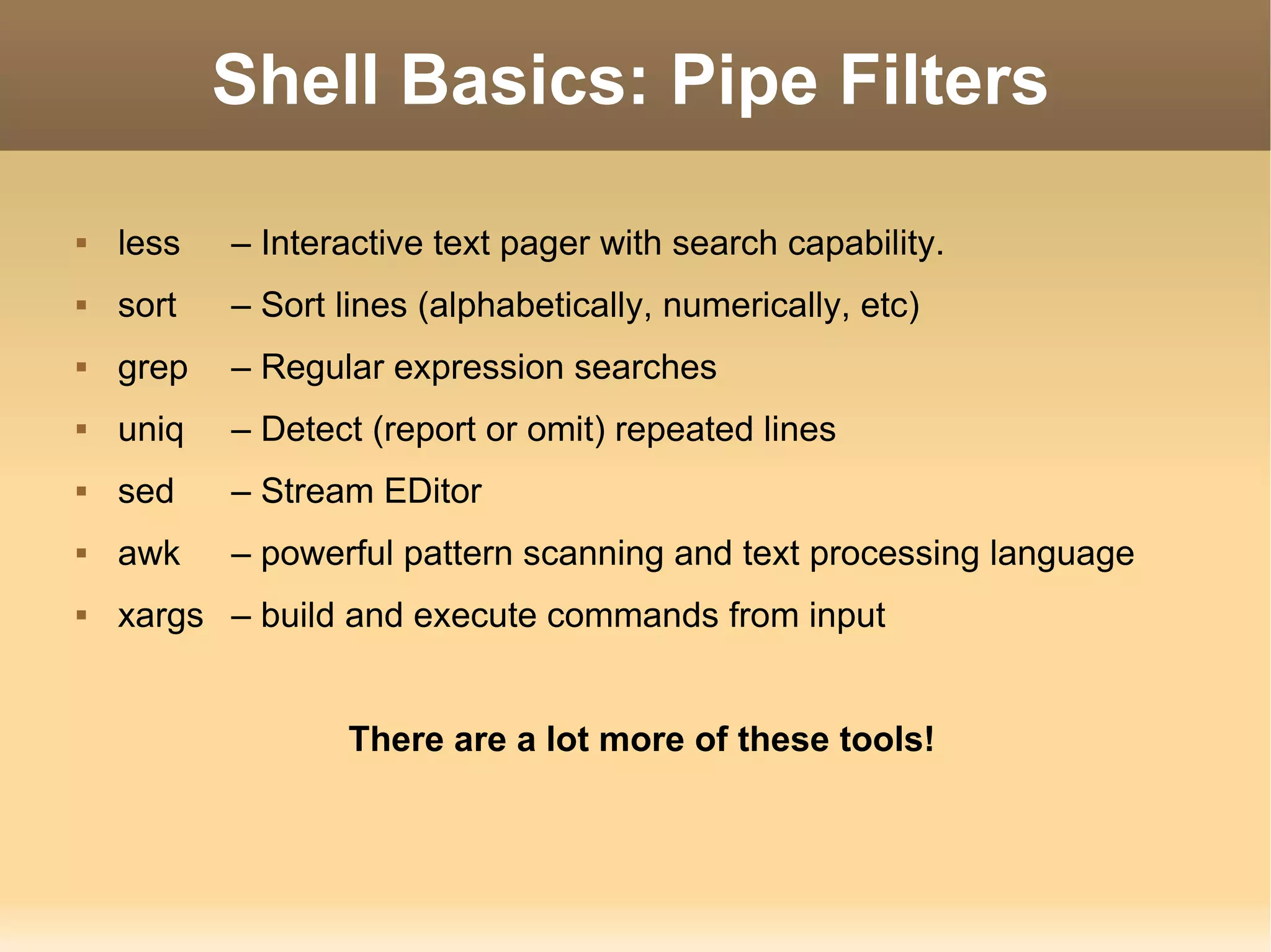 Shell Basics: Pipe Filters less  – Interactive text pager with search capability. sort  – Sort lines (alphabetically, numerically, etc) grep  – Regular expression searches uniq  – Detect (report or omit) repeated lines sed  – Stream EDitor awk  – powerful pattern scanning and text processing language xargs  – build and execute commands from input There are a lot more of these tools! 