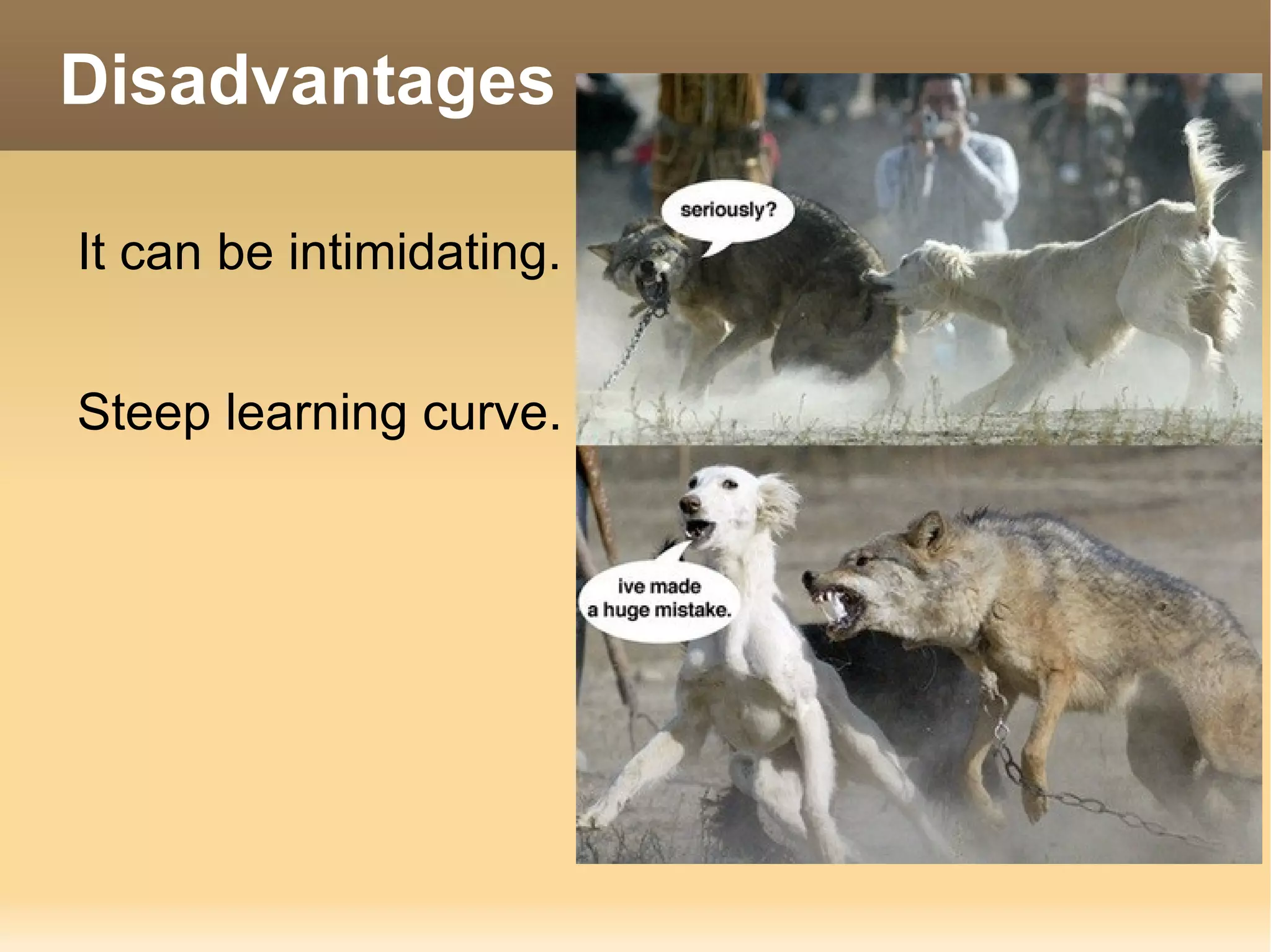 Disadvantages It can be intimidating. Steep learning curve. 