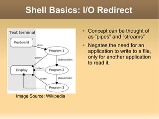Shell Basics: I/O Redirect Concept can be thought of as ”pipes” and ”streams” Negates the need for an application to write to a file, only for another application to read it. Image Source: Wikipedia 