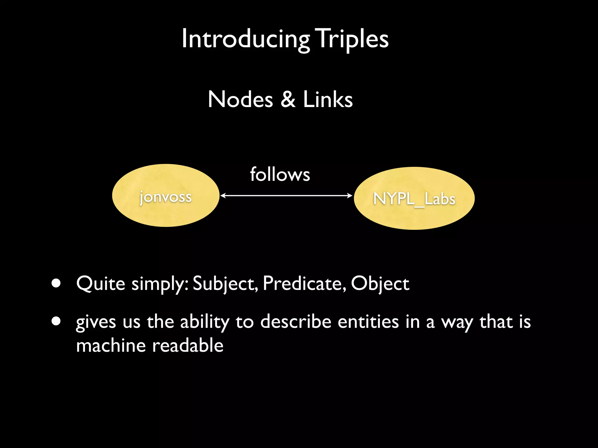 Introducing Triples

                      Nodes & Links


                          follows
            jonvoss                      NYPL_Labs




•   Quite simply: Subject, Predicate, Object

•   gives us the ability to describe entities in a way that is
    machine readable
 