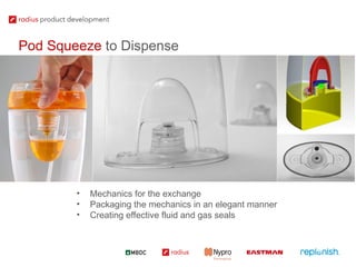 Pod Squeeze  to Dispense Mechanics for the exchange Packaging the mechanics in an elegant manner Creating effective fluid and gas seals 