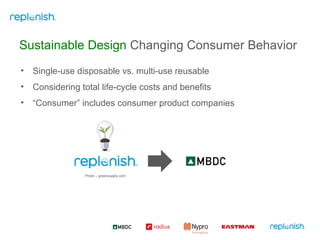 Sustainable Design  Changing Consumer Behavior  Single-use disposable vs. multi-use reusable  Considering total life-cycle costs and benefits “ Consumer” includes consumer product companies Photo – greensupply.com 