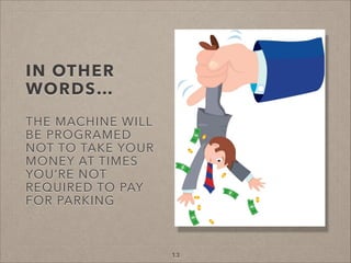 IN OTHER
WORDS…
THE MACHINE WILL
BE PROGRAMED
NOT TO TAKE YOUR
MONEY AT TIMES
YOU’RE NOT
REQUIRED TO PAY
FOR PARKING

13

 