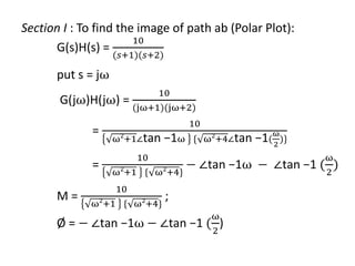 Section I : To find the image of path ab (Polar Plot):
G(s)H(s) =
10
(𝑠+1)(𝑠+2)
put s = jω
G(jω)H(jω) =
10
(jω+1)(jω+2)
=
10
ω2
+1∠tan −1ω { ω2
+4∠tan −1(
ω
2
)}
=
10
ω2
+1 { ω2
+4}
− ∠tan −1ω − ∠tan −1 (
ω
2
)
M =
10
ω2
+1 { ω2
+4}
;
Ø = − ∠tan −1ω − ∠tan −1 (
ω
2
)
 