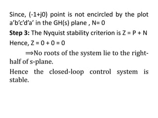 Since, (-1+j0) point is not encircled by the plot
a’b’c’d’a’ in the GH(s) plane , N= 0
Step 3: The Nyquist stability criterion is Z = P + N
Hence, Z = 0 + 0 = 0
⟹No roots of the system lie to the right-
half of s-plane.
Hence the closed-loop control system is
stable.
 