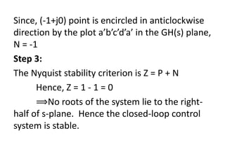 Since, (-1+j0) point is encircled in anticlockwise
direction by the plot a’b’c’d’a’ in the GH(s) plane,
N = -1
Step 3:
The Nyquist stability criterion is Z = P + N
Hence, Z = 1 - 1 = 0
⟹No roots of the system lie to the right-
half of s-plane. Hence the closed-loop control
system is stable.
 