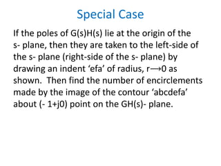 Special Case
If the poles of G(s)H(s) lie at the origin of the
s- plane, then they are taken to the left-side of
the s- plane (right-side of the s- plane) by
drawing an indent ‘efa’ of radius, r⟶0 as
shown. Then find the number of encirclements
made by the image of the contour ‘abcdefa’
about (- 1+j0) point on the GH(s)- plane.
 