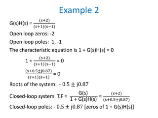 Example 2
G(s)H(s) =
(s+2)
(s+1)(s−1)
Open loop zeros: -2
Open loop poles: 1, -1
The characteristic equation is 1 + G(s)H(s) = 0
1 +
(s+2)
(s+1)(s−1)
= 0
(s+0.5±j0.87)
(s+1)(s−1)
= 0
Roots of the system: - 0.5 ± j0.87
Closed-loop system T.F =
G(s)
1 + G(s)H(s)
=
(s+2)
(s+0.5±j0.87)
Closed-loop poles: - 0.5 ± j0.87 [zeros of 1 + G(s)H(s)]
 
