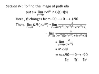 Section IV : To find the image of path efa
put s = lim
𝑟⟶0
𝑟𝑒𝑗∅ in G(s)H(s)
Here , ∅ changes from -90 ⟶ 0 ⟶ +90
Then, lim
𝑟⟶0
𝐺𝐻( 𝑟𝑒𝑗∅) = lim
𝑟⟶0
𝑘
𝑟𝑒𝑗∅
[ 𝑟𝑒𝑗∅ 2
+2𝑟𝑒𝑗∅
+2]
= lim
𝑟⟶0
𝑘
𝑟𝑒𝑗∅
[ 𝑟2
𝑒𝑗2∅
+2𝑟𝑒𝑗∅
+2]
= lim
𝑟⟶0
𝑘
(𝑟𝑒𝑗∅
)
= ∞∠-∅
= ∞∠90⟶ 0⟶ -90
⤒e’ ⤒f’ ⤒a’
 
