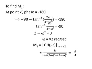 To find M1 :
At point x’, phase = -180
⟹ −90 − tan−1
(
2ω
2−ω2 ) = -180
tan−1 2ω
2−ω2 = -90
2 − ω2 = 0
ω = √2 rad/sec
M1 = │GH(jω)│ ω = √2
=
𝑘
ω 2ω 2
+(2−ω)2
=
𝑘
4
 