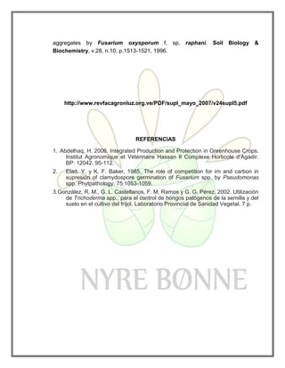 aggregates by Fusarium oxysporum f. sp. raphani. Soil Biology &
Biochemistry, v.28, n.10, p.1513-1521, 1996.
http://www.revfacagronluz.org.ve/PDF/supl_mayo_2007/v24supl5.pdf
REFERENCIAS
1. Abdelhaq, H. 2006. Integrated Production and Protection in Greenhouse Crops.
Institut Agronomique et Vétérinaire Hassan II Complexe Horticole d’Agadir.
BP: 12042. 95-112.
2. Elad, Y. y K. F. Baker, 1985. The role of competition for irn and carbon in
supresión of clamydospore germination of Fusarium spp. by Pseudomonas
spp. Phytpathology. 75:1053-1059.
3.González, R. M., G. L. Castellanos, F. M. Ramos y G. G. Pérez. 2002. Utilización
de Trichoderma spp., para el control de hongos patógenos de la semilla y del
suelo en el cultivo del fríjol. Laboratorio Provincial de Sanidad Vegetal. 7 p.
 