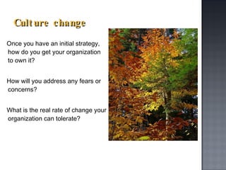 Culture change Once you have an initial strategy, how do you get your organization to own it? How will you address any fears or concerns? What is the real rate of change your organization can tolerate? 