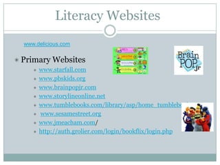 Literacy Websites
www.delicious.com


Primary Websites
     www.starfall.com
     www.pbskids.org
     www.brainpopjr.com
     www.storylineonline.net
     www.tumblebooks.com/library/asp/home_tumblebooks.asp
     www.sesamestreet.org
     www.jmeacham.com/
     http://auth.grolier.com/login/bookflix/login.php
 