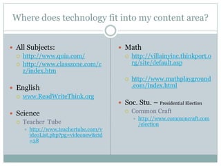 Where does technology fit into my content area?


 All Subjects:                         Math
   http://www.quia.com/                  http://villainyinc.thinkport.o
   http://www.classzone.com/c             rg/site/default.asp
    z/index.htm
                                            http://www.mathplayground
 English                                    .com/index.html
   www.ReadWriteThink.org
                                        Soc. Stu. – Presidential Election
                                          Common Craft
 Science
                                                http://www.commoncraft.com
   Teacher Tube                                 /election
       http://www.teachertube.com/v
        ideoList.php?pg=videonew&cid
        =38
 
