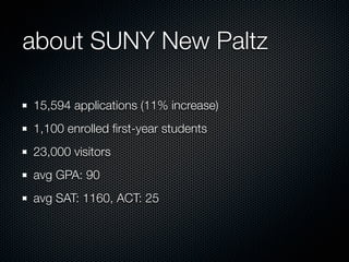 about SUNY New Paltz

15,594 applications (11% increase)
1,100 enrolled ﬁrst-year students
23,000 visitors
avg GPA: 90
avg...