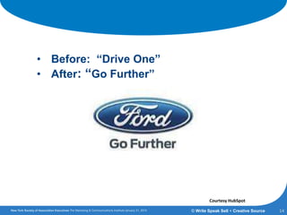 New Taglines
• Before: “Drive One”
• After: “Go Further”
14© Write Speak Sell + Creative Source
Courtesy HubSpot
 