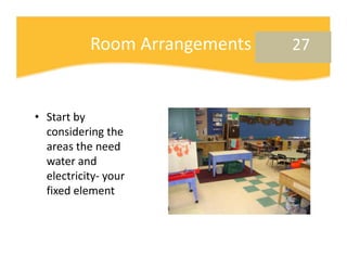 Room Arrangements   27



• Start by 
  considering the 
  areas the need 
  water and 
  electricity‐ your 
  fixed eleme...
