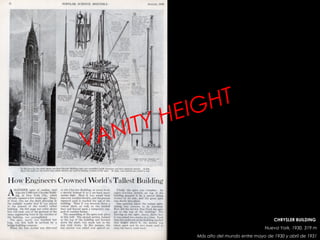 CHRYSLER BUILDING
Nueva York, 1930, 319 m
Más alto del mundo entre mayo de 1930 y abril de 1931
VANITY HEIGHT
 