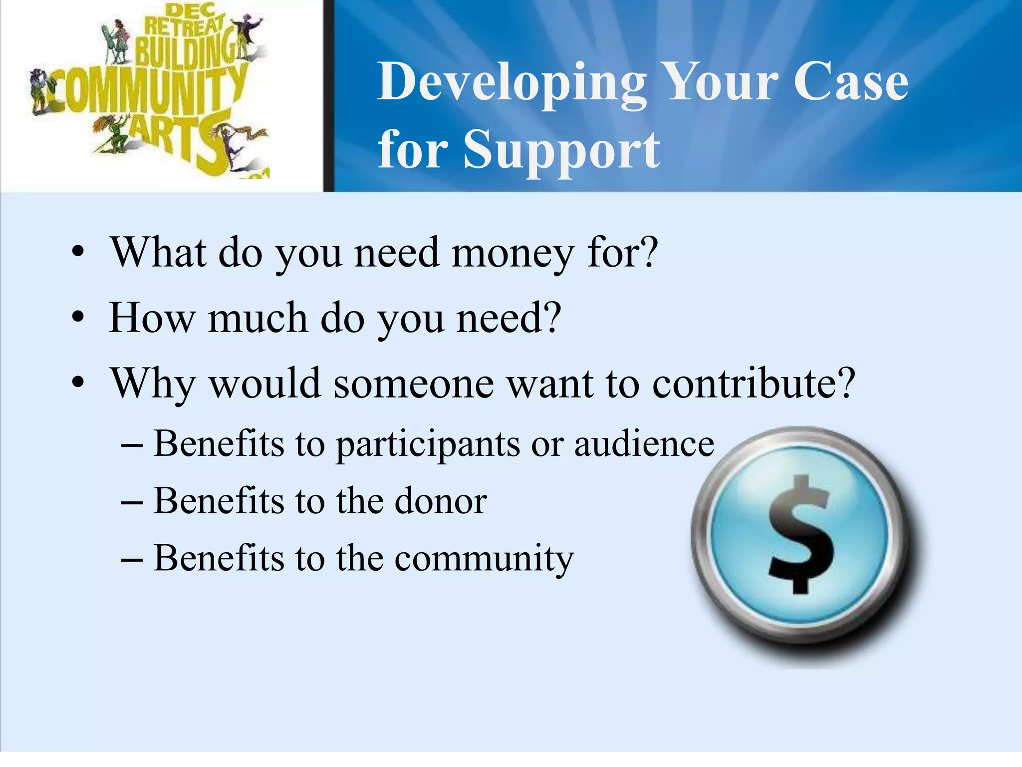 Why have a Plan?Challenges & replaces magical or wishful thinkingCoordinates people, fund raising & marketing efforts with the organizational strategic planGets “buy-in” from participants regarding:GoalsRolesPrioritiesAccountability 