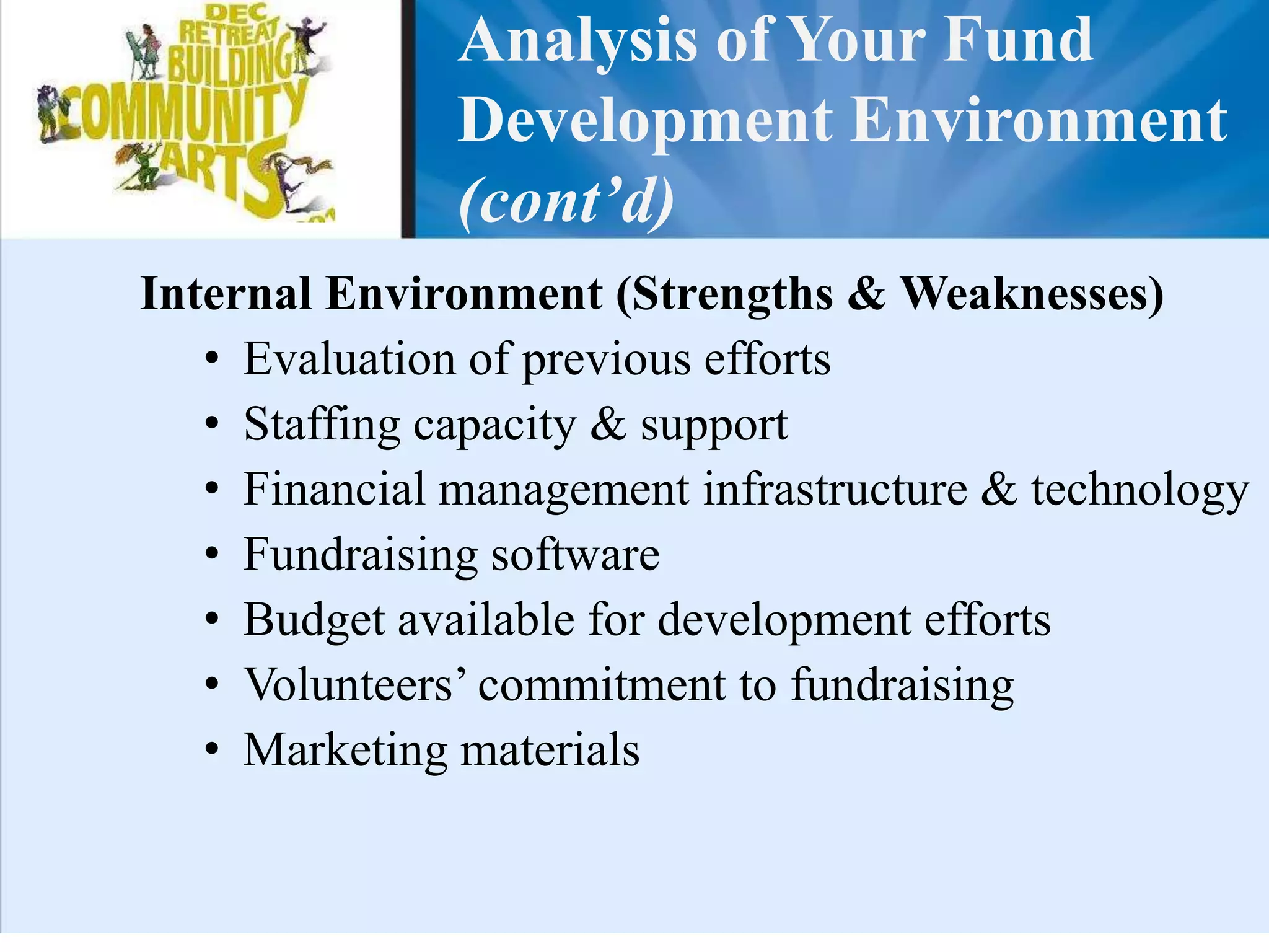 Strategic Questions to AskWhat are the real needs for the project	or organization?What are we raising money for?Would funds raised effect existing funding streams?Where have the resources come from in the past?What are our funding trends?Are the funding streams diversified?What would be the impact of a funding cut from any source?What are we good at? 