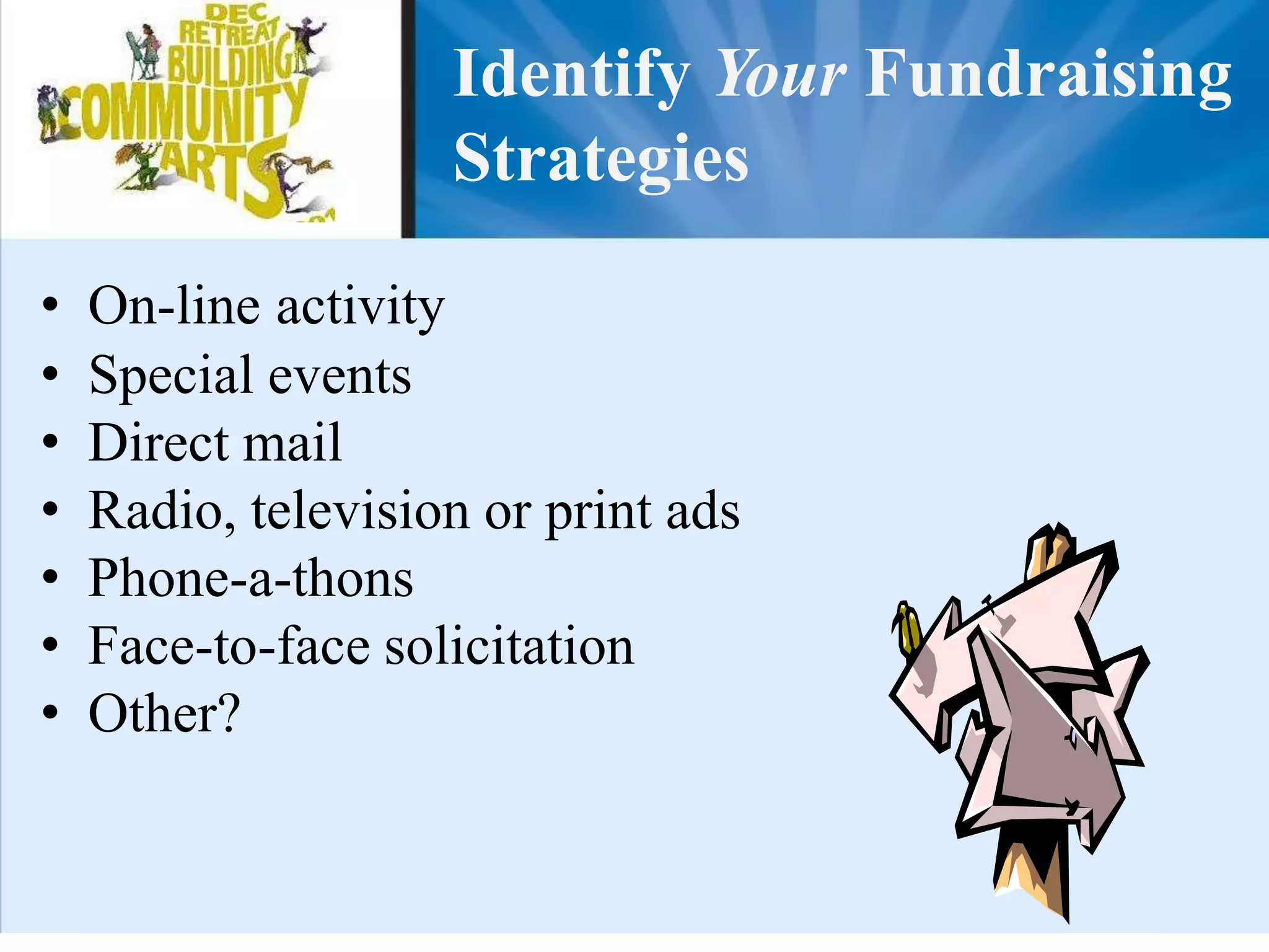 What is a Development Plan?(or…taking the gamble out of fund development)A detailed plan that describes how you intend to secure donated resources.  It includes: The case for support 