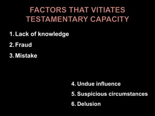 1.Lack of knowledge
2.Fraud
3.Mistake
4. Undue influence
5. Suspicious circumstances
6. Delusion
 
