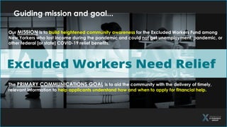 Our MISSION is to build heightened community awareness for the Excluded Workers Fund among
New Yorkers who lost income during the pandemic and could not get unemployment, pandemic, or
other federal [or state] COVID-19 relief benefits.
The PRIMARY COMMUNICATIONS GOAL is to aid the community with the delivery of timely,
relevant information to help applicants understand how and when to apply for financial help.
Guiding mission and goal...
 