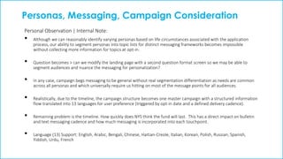 Personas, Messaging, Campaign Consideration
Personal Observation | Internal Note:
• Although we can reasonably identify varying personas based on life circumstances associated with the application
process, our ability to segment personas into topic lists for distinct messaging frameworks becomes impossible
without collecting more information for topics at opt-in.
• Question becomes > can we modify the landing page with a second question format screen so we may be able to
segment audiences and nuance the messaging for personalization?
• In any case, campaign begs messaging to be general without real segmentation differentiation as needs are common
across all personas and which universally require us hitting on most of the message points for all audiences.
• Realistically, due to the timeline, the campaign structure becomes one master campaign with a structured information
flow translated into 13 languages for user preference (triggered by opt-in date and a defined delivery cadence).
• Remaining problem is the timeline. How quickly does NYS think the fund will last. This has a direct impact on bulletin
and text messaging cadence and how much messaging is incorporated into each touchpoint.
• Language (13) Support: English, Arabic, Bengali, Chinese, Haitian-Creole, Italian, Korean, Polish, Russian, Spanish,
Yiddish, Urdu, French
 