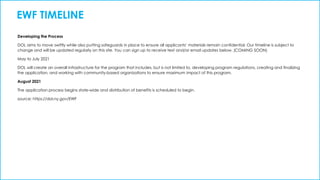 EWF TIMELINE
Developing the Process
DOL aims to move swiftly while also putting safeguards in place to ensure all applicants’ materials remain confidential. Our timeline is subject to
change and will be updated regularly on this site. You can sign up to receive text and/or email updates below. (COMING SOON)
May to July 2021
DOL will create an overall infrastructure for the program that includes, but is not limited to, developing program regulations, creating and finalizing
the application, and working with community-based organizations to ensure maximum impact of this program.
August 2021
The application process begins state-wide and distribution of benefits is scheduled to begin.
source: https://dol.ny.gov/EWF
 