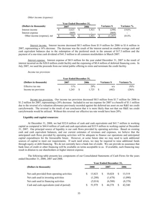 Other income (expense):

                                           Year Ended December 31,
   (Dollars in thousands)                   2007            2006                 Variance $            Variance %
   Interest income                     $        1,623   $       1,921          $         (298)           (16)%
   Interest expense                              (869)             -                     (869)              -
      Other income (expense), net      $          754   $       1,921          $       (1,167)           (61)%


           Interest income. Interest income decreased $0.3 million from $1.9 million for 2006 to $1.6 million in
2007, representing a 16% decrease. The decrease was the result of the interest earned on smaller average cash and
cash equivalent balances due to the redemption of the preferred stock in the amount of $17.3 million and the
payment of a one-time cash dividend of $41.3 million to all common stockholders in March 2007.

          Interest expense. Interest expense of $0.9 million for the year ended December 31, 2007 is the result of
interest incurred on the $20.0 million credit facility and the expensing of $0.4 million of deferred financing costs. In
July 2007, we used the proceeds from our initial public offering to retire and terminate the credit facility.

         Income tax provision:

                                            Year Ended December 31,
     (Dollars in thousands)                  2007                2006              Variance $         Variance %
     Effective tax rate                             11%                  20%                n/a               (9)%
     Income tax provision              $          1,243    $           1,725   $          (482)              (28)%



            Income tax provision. Our income tax provision decreased $0.5 million from $1.7 million for 2006 to
$1.2 million for 2007, representing a 28% decrease. Included in our tax expense for 2007 is a benefit of $1.1 million
due to the reversal of a valuation allowance previously recorded against the deferred tax asset on our R&E tax credit
carryforwards. The reversal is the result of our conclusion that it is more likely than not that our R&E tax credit
carryforwards would be utilized. Without this reversal our effective tax rate would have been 20%.

    Liquidity and capital resources:

          At December 31, 2008, we had $52.0 million of cash and cash equivalents and $41.7 million in working
capital as compared to $44.4 million of cash and cash equivalents and $33.9 million in working capital at December
31, 2007. Our principal source of liquidity is our cash flows provided by operating activities. Based on existing
cash and cash equivalent balances, and our current estimates of revenues and expenses, we believe that the
anticipated cash flows provided by operating activities will be adequate to finance our operations and anticipated
capital expenditures for the foreseeable future. However, at some future date we may need to seek additional
sources of capital to meet our requirements. If such need arises, we may be required to raise additional funds
through equity or debt financing. We do not currently have a bank line of credit. We can provide no assurance that
bank lines of credit or other financing will be available on terms acceptable to us. If available, such financing may
result in dilution to our shareholders or higher interest expense.

        The following table presents key components of our Consolidated Statements of Cash Flows for the years
ended December 31, 2008, 2007 and 2006.
                                                                           Year Ended December 31,
        (Dollars in thousands)                                          2008        2007         2006

        Net cash provided from operating activities                $    13,823      $   10,024    $     13,519
        Net cash used in investing activities                           (1,208)         (1,678)         (1,090)
        Net cash used in financing activities                           (5,014)         (6,508)         (8,378)
        Cash and cash equivalents (end of period)                  $    51,979      $   44,378    $     42,540


                                                          35
 