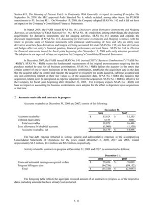 Section 411, The Meaning of Present Fairly in Conformity With Generally Accepted Accounting Principles. On
September 16, 2008, the SEC approved Audit Standard No. 6, which included, among other items, the PCAOB
amendments to AU Section 411. On November 15, 2008, the Company adopted SFAS No. 162 and it did not have
an impact on the Company’s Consolidated Financial Statements.

          In March 2008, the FASB issued SFAS No. 161, Disclosure about Derivative Instruments and Hedging
Activities, an amendment of FASB Statement No. 133. SFAS No. 161 establishes, among other things, the disclosure
requirements for derivative instruments and for hedging activities. SFAS No. 161 amends and expands the
disclosure requirements of SFAS No. 133, Accounting for Derivative Instruments and Hedging Activities, with the
intent to provide users of financial statements with enhanced understanding of: how and why an entity uses
derivative securities; how derivatives and hedges are being accounted for under SFAS No. 133; and how derivatives
and hedges affect an entity’s financial position, financial performance and cash flows. SFAS No. 161 is effective
for financial statements issued for fiscal years beginning after November 15, 2008 with early adoption permitted.
The adoption is not expected to have an impact on the Company’s Consolidated Financial Statements.

          In December 2007, the FASB issued SFAS No. 141 (revised 2007) “Business Combinations” (“FASB No.
141(R)”). SFAS No. 141(R) retains the fundamental requirements of the original pronouncement requiring that the
purchase method be used for all business combinations. SFAS No. 141(R) defines the acquirer as the entity that
obtains control of one or more businesses in the business combination, establishes the acquisition date as the date
that the acquirer achieves control and requires the acquirer to recognize the assets acquired, liabilities assumed and
any non-controlling interest at their fair values as of the acquisition date. SFAS No. 141(R) also requires that
acquisition-related costs be recognized as expense separately from the acquisition. SFAS No. 141(R) is effective for
the Company for fiscal years beginning after December 31, 2008. The Company expects SFAS No. 141(R) will
have an impact on accounting for business combinations once adopted but the effect is dependent upon acquisitions
at that time.


2. Accounts receivable and contracts in progress

         Accounts receivable at December 31, 2008 and 2007, consist of the following:

                                                                                      December 31,
                                                                              2008                   2007
   Accounts receivable                                                 $             13,924    $            13,355
   Unbilled receivables                                                               4,155                  3,091
      Total receivables                                                              18,079                 16,446
   Less: allowance for doubtful accounts                                             (1,900)                (1,550)
      Accounts receivable, net                                         $             16,179    $            14,896

        The bad debt expense reflected in selling, general and administrative expenses in the accompanying
Consolidated Statements of Operations for the years ended December 31, 2008, 2007 and 2006, totaled
approximately $0.3 million, $0.4 million and $0.2 million, respectively.

         Activity related to contracts in progress at December 31, 2008 and 2007, is summarized as follows:

                                                                                      December 31,
                                                                              2008                   2007
   Costs and estimated earnings recognized to date                     $           79,436      $          76,099
   Progress billings to date                                                      (94,756)               (99,152)
      Total                                                            $          (15,320)     $         (23,053)


          The foregoing table reflects the aggregate invoiced amount of all contracts in progress as of the respective
dates, including amounts that have already been collected.




                                                        F- 11
 