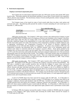 8. Stock-based compensation

    Employee stock-based compensation plans:

          The Company has two share-based compensation plans; the 1999 equity incentive plan and the 2007 equity
incentive plan. These plans authorize the discretionary granting of various types of stock awards to key employees,
officers, directors and consultants. The discretionary issuance of stock awards generally contains vesting provisions
ranging from one to four years.

          The Company issues or has issued two types of stock awards under these two plans: stock options and
restricted stock units. The following table presents the number of awards outstanding for each award type as of
December 31, 2008 and 2007.

                                                                    Year ended December 31,
                 Award type                                        2008                2007
                 Stock option                                            2,537              2,062
                 Restricted stock unit                                     350                -

         1999 equity incentive plan. The Company’s 1999 equity incentive plan authorized the Company to grant
options to purchase shares of common stock to its employees, directors and consultants at the Company’s discretion.
Stock option grants under this plan was usually made at the commencement of employment and, occasionally,
following a significant change in job responsibilities or to meet other special retention or performance objectives.
Periodic stock option grants were made at the discretion of the compensation committee to eligible employees and,
in appropriate circumstances, the Compensation Committee of the Board of Directors considered the
recommendations of our CEO and other members of management. No options were awarded in 2006 since the
compensation committee had determined there was sufficient retention value in the outstanding options and
common stock subject to restrictions held by the Company’s executive officers. Stock options granted by the
Company have an exercise price equal to the fair market value of its common stock on the day of grant, typically
vest 25% on the first anniversary and monthly thereafter, based upon continued employment over a four-year period,
and generally expire ten years after the date of grant. The Company’s 1999 equity incentive plan was terminated in
March 2007 for purposes of granting any future equity awards. There were issued and outstanding stock options to
purchase 154,114 shares of the Company’s common stock under this plan on December 31, 2008. None of these
options were held by the Company’s executive officers.

          2007 equity incentive plan. The Company’s 2007 equity incentive plan (“2007 plan”) was adopted in
March 2007. The purpose of the 2007 plan is to promote the Company’s long-term growth and profitability. The
2007 plan is intended to make available incentives that will help the Company to attract, retain and reward
employees whose contributions are essential to its success. Under the 2007 plan, the Company’s employees,
officers, directors and other individuals providing services to the Company or any of its affiliates are eligible to
receive awards. The 2007 plan has an evergreen provision that allows for an annual increase equal to the lesser of
(i) 3.5% of the Company’s outstanding shares (ii) 900,000 shares or (iii) any lesser amount determined by the
Compensation Committee of the Board of Directors. The Company may provide these incentives through the grant
of: (i) restricted stock awards; (ii) restricted stock unit awards; (iii) stock options; (iv) stock appreciation rights; (v)
phantom stock; and (vii) performance awards.

          A total of 2,770,000 shares have been reserved for issuance under the 2007 plan. As of December 31,
2008, the Company had outstanding equity awards to acquire 2,732,488 shares of its common stock held by the
Company’s employees, directors and consultants under the 2007 plan. Included in the outstanding equity awards is
350,000 restricted stock units held by the Company’s employees, directors and consultants. As of December 31,
2008, 8,451 shares remain available for grant or award under the 2007 plan. As of December 31, 2008, there has not
been any issuance of restricted stock awards, stock appreciation rights, phantom stock or performance awards under
this plan.

         In February 2008, the Company increased the number of shares available by 900,000 under the evergreen
provision in the Company’s 2007 equity incentive plan increasing the number shares reserved for issuance to
2,770,000 under the 2007 plan.



                                                           F- 15
 