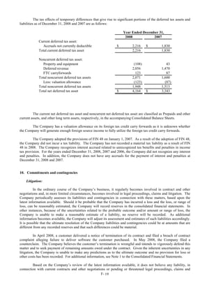 The tax effects of temporary differences that give rise to significant portions of the deferred tax assets and
liabilities as of December 31, 2008 and 2007 are as follows:

                                                                         Year Ended December 31,
                                                                          2008            2007
             Current deferred tax asset:
               Accruals not currently deductible                    $          2,216     $          1,830
             Total current deferred tax asset                                  2,216                1,830

             Noncurrent deferred tax asset:
               Property and equipment                                           (108)                  43
               Deferred revenue                                                2,056                1,470
               FTC carryforwards                                                 123                   87
             Total noncurrent deferred tax assets                              2,071                1,600
               Less: valuation allowance                                        (123)                 (87)
             Total noncurrent deferred tax assets                              1,948                1,513
             Total net deferred tax asset                           $          4,164     $          3,343




         The current net deferred tax asset and noncurrent net deferred tax asset are classified as Prepaids and other
current assets, and other long term assets, respectively, in the accompanying Consolidated Balance Sheets.

       The Company has a valuation allowance on its foreign tax credit carry forwards as it is unknown whether
the Company will generate enough foreign source income to fully utilize the foreign tax credit carry forwards.

         The Company adopted the provisions of FIN 48 on January 1, 2007. As a result of the adoption of FIN 48,
the Company did not incur a tax liability. The Company has not recorded a material tax liability as a result of FIN
48 in 2008. The Company recognizes interest accrued related to unrecognized tax benefits and penalties in income
tax provision. For the years ended December 31, 2008, 2007 and 2006, the Company did not recognize any interest
and penalties. In addition, the Company does not have any accruals for the payment of interest and penalties at
December 31, 2008 and 2007.


10. Commitments and contingencies

    Litigation:

          In the ordinary course of the Company’s business, it regularly becomes involved in contract and other
negotiations and, in more limited circumstances, becomes involved in legal proceedings, claims and litigation. The
Company periodically assesses its liabilities and contingencies in connection with these matters, based upon the
latest information available. Should it be probable that the Company has incurred a loss and the loss, or range of
loss, can be reasonably estimated, the Company will record reserves in the consolidated financial statements. In
other instances, because of the uncertainties related to the probable outcome and/or amount or range of loss, the
Company is unable to make a reasonable estimate of a liability, no reserve will be recorded. As additional
information becomes available, the Company will adjust its assessment and estimates of such liabilities accordingly.
It is possible that the ultimate resolution of the Company liabilities and contingencies could be at amounts that are
different from any recorded reserves and that such differences could be material.

          In April 2008, a customer delivered a notice of termination of its contract and filed a breach of contract
complaint alleging failure to deliver software the customer purchased. In May 2008, the Company filed a
counterclaim. The Company believes the customer’s termination is wrongful and intends to vigorously defend this
matter and to seek payment of remaining amounts owed under the contract. Given the inherent uncertainties in any
litigation, the Company is unable to make any predictions as to the ultimate outcome and no provision for loss or
other costs has been recorded. For additional information, see Note 1 to the Consolidated Financial Statements.

        Based on the Company’s review of the latest information available, it does not believe any liability, in
connection with current contracts and other negotiations or pending or threatened legal proceedings, claims and
                                                      F- 19
 