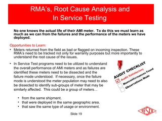 Slide 19
RMA’s, Root Cause Analysis and
In Service Testing
Opportunities to Learn:
• Meters returned from the field as bad or flagged on incoming inspection. These
RMA’s need to be tracked not only for warranty purposes but more importantly to
understand the root cause of the issues.
• In Service Test programs need to be utilized to understand
the overall performance of AMI meters and as failures are
identified these meters need to be dissected and the
failure mode understood. If necessary, once the failure
mode is understood the meter population may need to also
be dissected to identify sub-groups of meter that may be
similarly affected. This could be a group of meters…
• from the same shipment.
• that were deployed in the same geographic area.
• that saw the same type of usage or environment.
No one knows the actual life of their AMI meter. To do this we must learn as
much as we can from the failures and the performance of the meters we have
deployed.
 