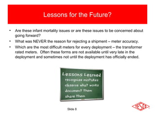 Slide 8
Lessons for the Future?
• Are these infant mortality issues or are these issues to be concerned about
going forward?
• What was NEVER the reason for rejecting a shipment – meter accuracy.
• Which are the most difficult meters for every deployment – the transformer
rated meters. Often these forms are not available until very late in the
deployment and sometimes not until the deployment has officially ended.
 