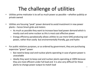 The challenge of utilities Utilities prime motivator is to sell as much power as possible – whether publicly or private owned Utilities are focusing “peak” power demand to avoid investment in new power plants – hence Smart grids and meters As much as possible they want to increase base load power demand which is mostly coal and some nuclear as this is most cost effective power Energy efficiency paradoxically allows utilities to use more GHG producing coal power, rather than costly  but environmentally friendly, gas and hydro For public relations purposes, or as ordered by government, they are purchasing expensive “green” power But need to keep coal and nuclear plants operating in case of green power is unavailable Ideally they want to keep coal and nuclear plants operating at 100% because they are most efficient under full load and  it is also very difficult for these plants to change power output to match load 