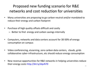 Proposed new funding scenario for R&E networks and cost reduction for universities Many universities are proposing to go carbon neutral and/or mandated to reduce their energy and carbon footprint Purchase of high quality offsets difficult and costly Better to find  energy and carbon savings internally Computers, networks and data centers account for 30-50% of energy consumption on campus Video conferencing, eLearning, zero carbon data centers,  clouds, grids collaborative cyber-infrastructure, etc should reduce energy consumption New revenue opportunities for R&E networks in helping universities reduce their energy costs  http://bit.ly/dqvN70 