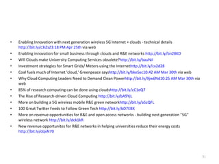Enabling Innovation with next generation wireless 5G Internet + clouds - technical details  http://bit.ly/c3iZsZ 3:18 PM Apr 25th  via web Enabling innovation for small business through clouds and R&E networks  http://bit.ly/bn28KD Will Clouds make University Computing Services obsolete? http://bit.ly/bauNiI Investment strategies for Smart Grids/ Meters using the Internet http://bit.ly/cx2d28 Coal fuels much of Internet 'cloud,' Greenpeace says http://bit.ly/bkeSec 10:42 AM Mar 30th  via web Why Cloud Computing Leaders Need to Demand Clean Power http://bit.ly/9jw6Nd 10:25 AM Mar 30th  via web 85% of research computing can be done using clouds http://bit.ly/cC1eQ7 The Rise of Research-driven Cloud Computing  http://bit.ly/bA9YjL More on building a 5G wireless mobile R&E green network http://bit.ly/a5zQFL 100 Great Twitter Feeds to Follow Green Tech  http://bit.ly/bD7EBX More on revenue opportunities for R&E and open access networks - building next generation "5G" wireless network  http://bit.ly/dck1kR New revenue opportunites for R&E networks in helping universities reduce their energy costs  http://bit.ly/dqvN70 