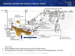 KLGOLD.COM
TSX:KL
NYSE:KL
REGIONAL EXPLORATION ACROSS A PROLIFIC TREND
See News Releases dated January 19, 2016 and November 7, 2016 filed on the sedar profile of Kirkland Lake Gold Ltd on www.sedar.com
▪ Significant expansion potential down dip, along strike
▪ Recent drilling extending South Mine Complex (“SMC”) 259m to east (key intercepts: 19.2 over 0.9m, 160.3 g/t
over 0.3 m)
▪ Recent Highlight results along the easterly strike of the SMC include:
▪ 651.8 g/t gold over 3.8 metres, 102.5 g/t gold over 3.2 metres and 100.5 g/t gold over 1.6 metres
10
 