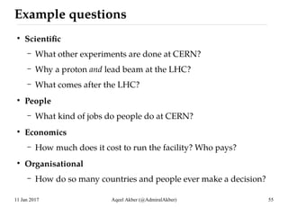 11 Jan 2017 Aqeel Akber (@AdmiralAkber) 55
Example questions
●
Scientific
– What other experiments are done at CERN?
– Why...