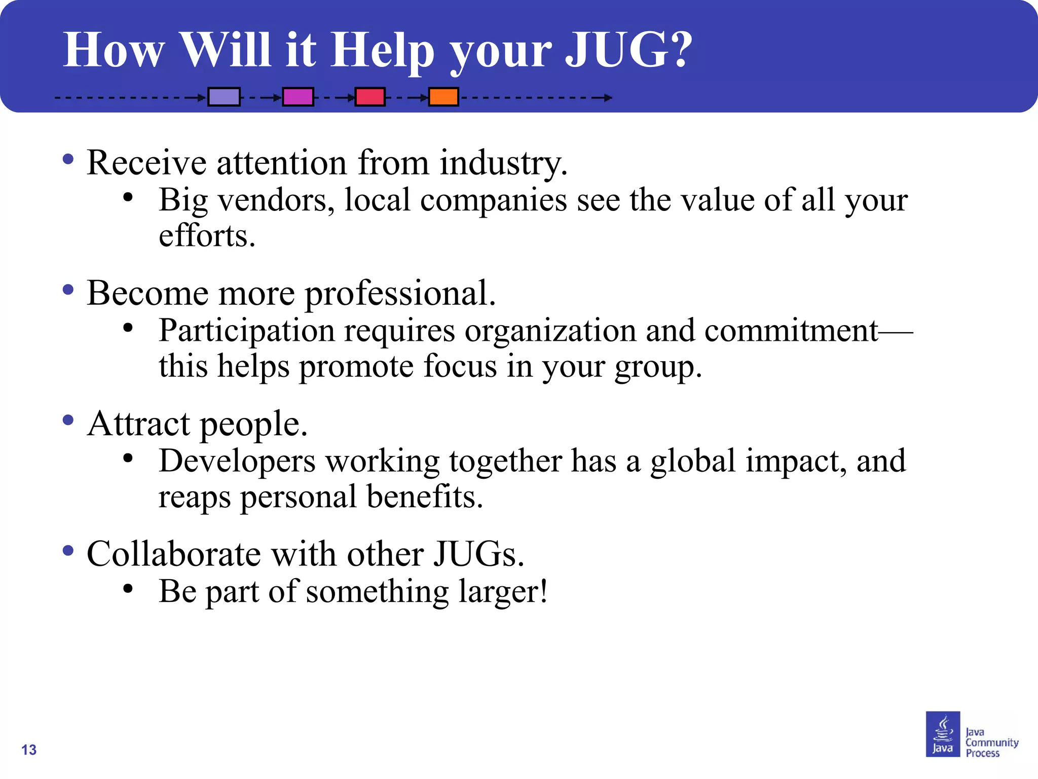 13
How Will it Help your JUG?
• Receive attention from industry.
●
Big vendors, local companies see the value of all your
efforts.
• Become more professional.
●
Participation requires organization and commitment—
this helps promote focus in your group.
• Attract people.
●
Developers working together has a global impact, and
reaps personal benefits.
• Collaborate with other JUGs.
●
Be part of something larger!
 