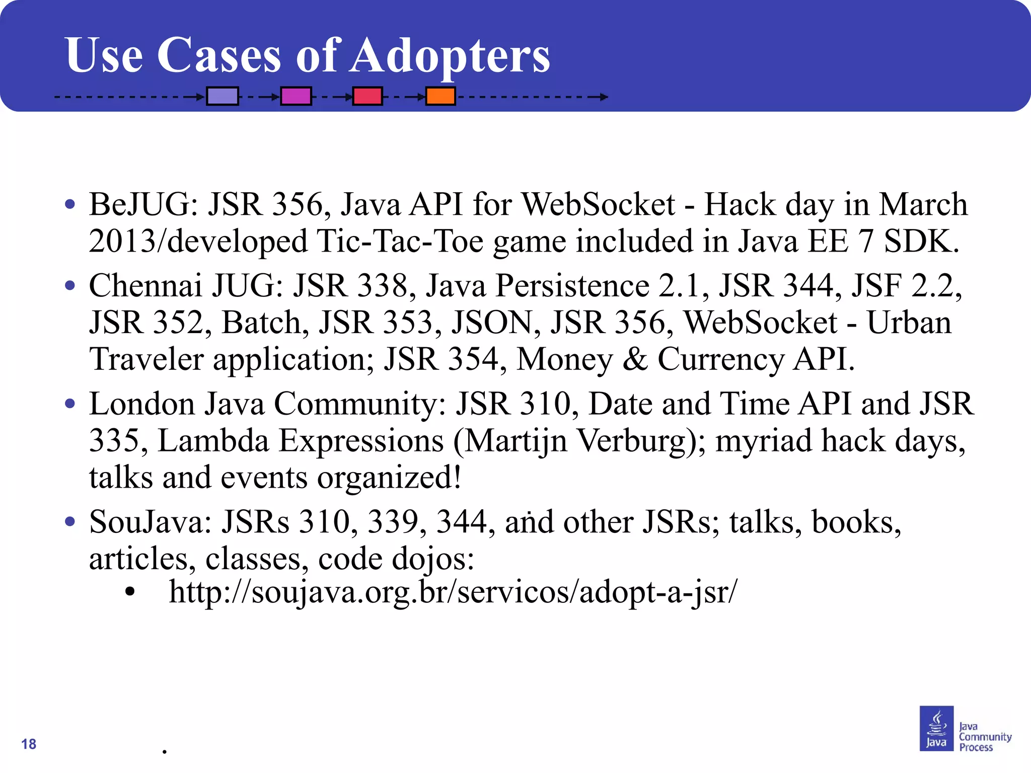 18
• BeJUG: JSR 356, Java API for WebSocket - Hack day in March
2013/developed Tic-Tac-Toe game included in Java EE 7 SDK.
• Chennai JUG: JSR 338, Java Persistence 2.1, JSR 344, JSF 2.2,
JSR 352, Batch, JSR 353, JSON, JSR 356, WebSocket - Urban
Traveler application; JSR 354, Money & Currency API.
• London Java Community: JSR 310, Date and Time API and JSR
335, Lambda Expressions (Martijn Verburg); myriad hack days,
talks and events organized!
• SouJava: JSRs 310, 339, 344, and other JSRs; talks, books,
articles, classes, code dojos:
● http://soujava.org.br/servicos/adopt-a-jsr/
.
Use Cases of Adopters
.
 