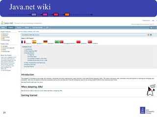 25
Java.net wiki
You expanded wiki into eight languages: Arabic, Chinese, English,
French, German, Portuguese, Spanish, Turkish...you choose who will
translate next language!
 